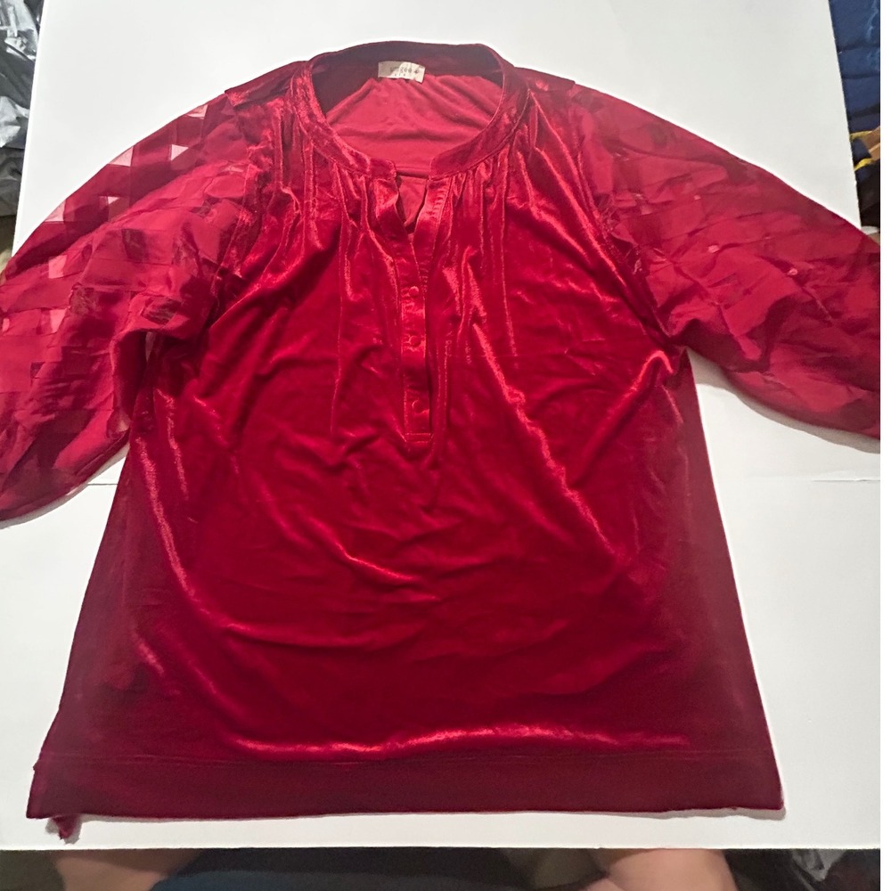 Umgee USA Women Burgundy Red Velvet Tunic Sheer Checkered Balloon Sleeve Top XL
